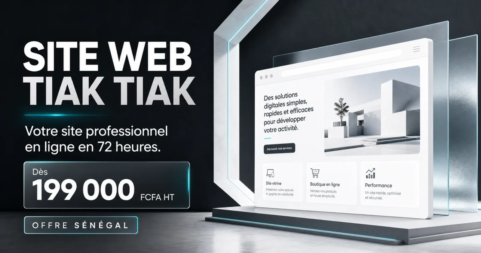 Visuel Site Web Tiak Tiak Sénégal : site professionnel en ligne en 72 heures, dès 199 000 FCFA HT.